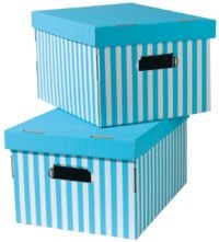 Set van 2 Gestreepte Kartonnen Bewaardozen - Turquoise/Wit