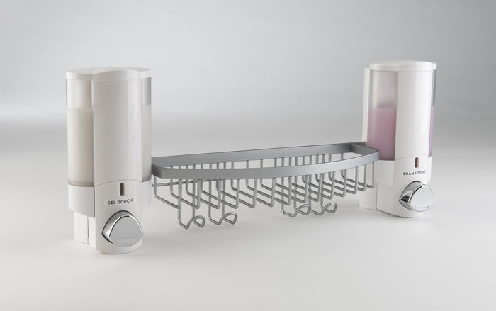 Stick On Dubbele Wandgemonteerde Zeepdispenser met rekje . Wit 1 Compactor