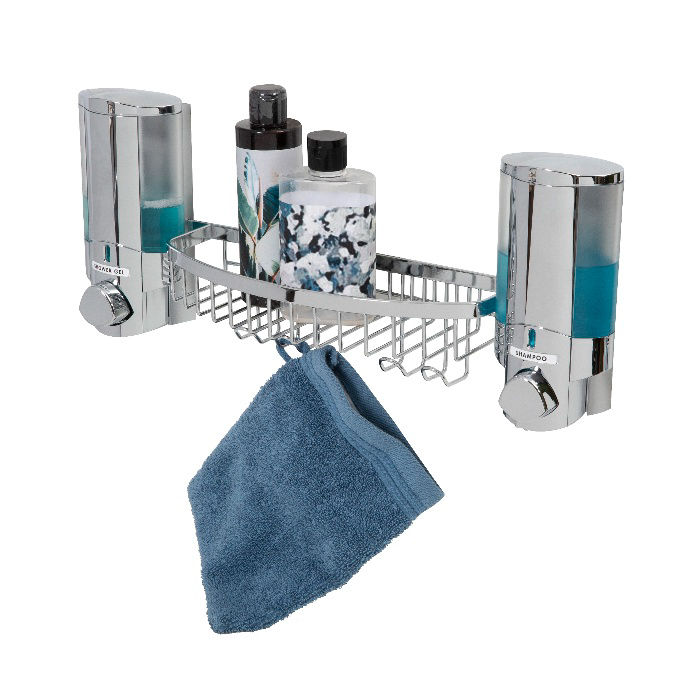 Stick On Dubbele Wandgemonteerde Zeepdispenser met Rekje - Chroom 4 Compactor