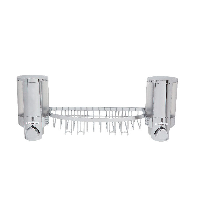 Stick On Dubbele Wandgemonteerde Zeepdispenser met Rekje - Chroom 2 Compactor